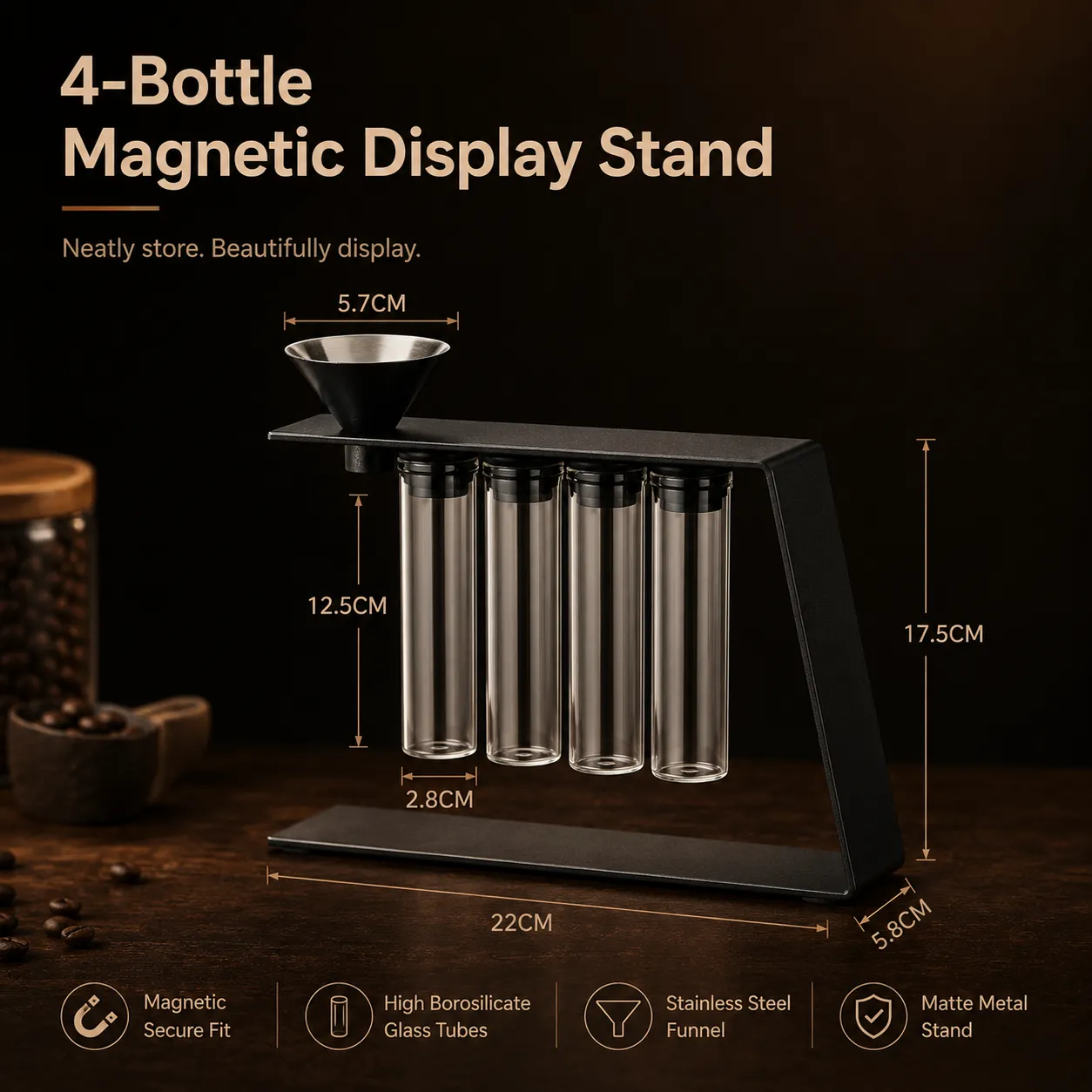 Convenient Magnetic Coffee Bean Storage Glass Tubes & Containers Display Rack Espresso Accessories