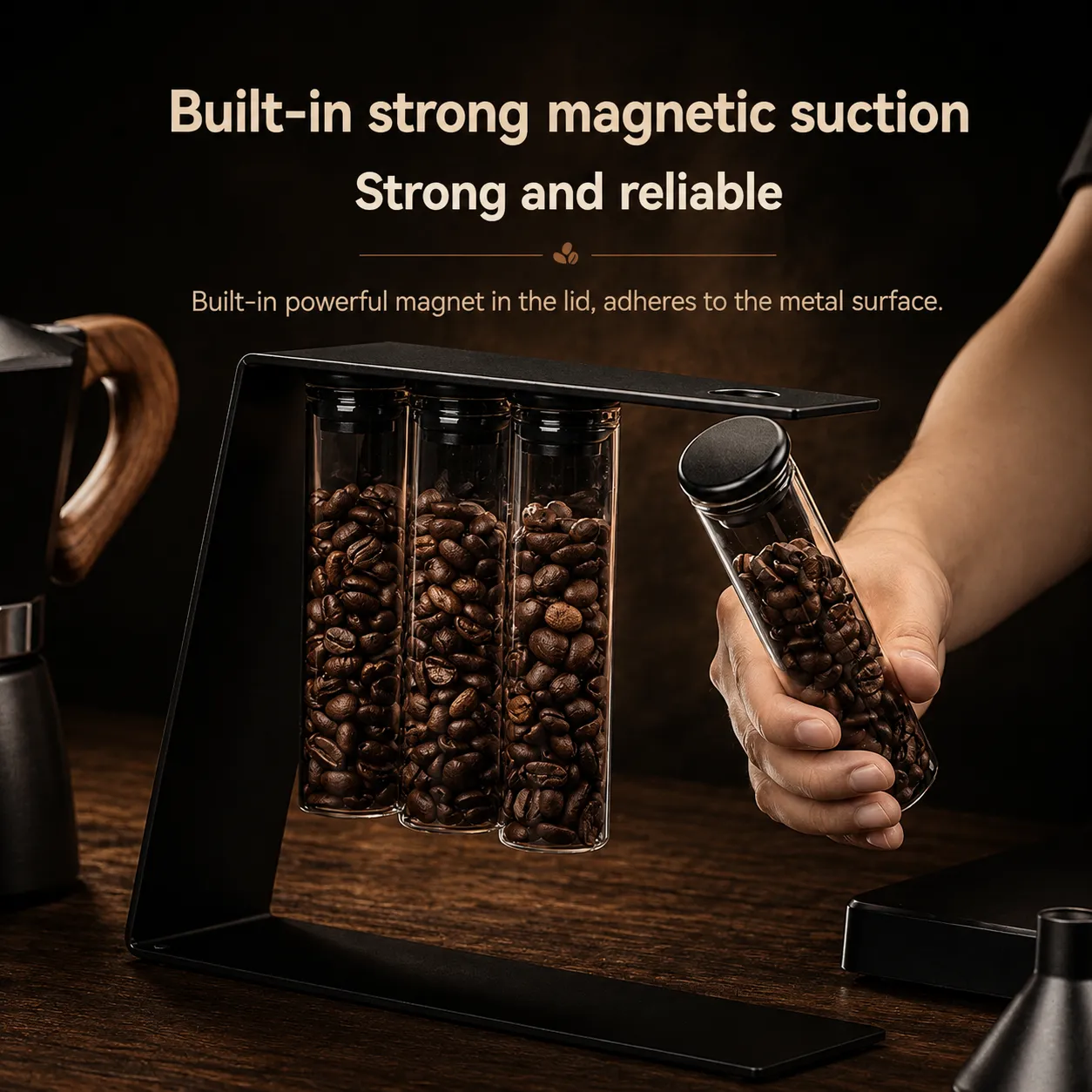 Convenient Magnetic Coffee Bean Storage Glass Tubes & Containers Display Rack Espresso Accessories